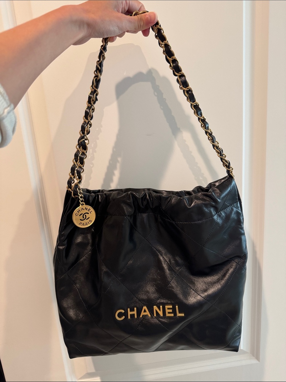 Shiny Calfskin Quilted Small Chanel 22 Black